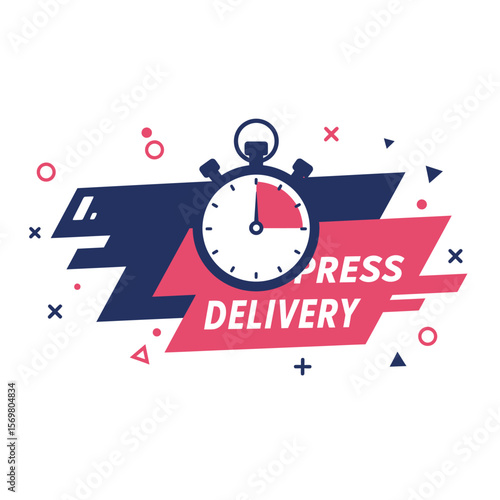 Express Delivery design featuring a stopwatch, geometric shapes, and a bold color scheme.