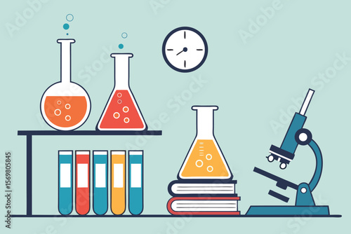 A vivid blue vector illustration of a laboratory experiment featuring essential glassware like beakers, flasks, and test tubes, representing scientific research in chemistry and medicine