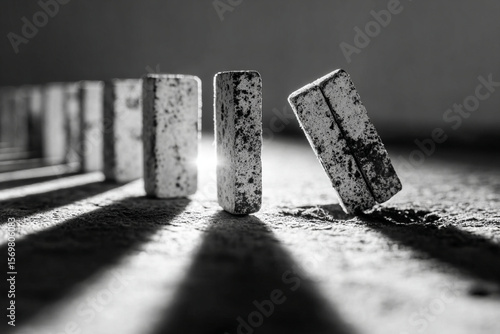 Systemic balance is shown this black and white image of dominoes falling sequence with dramatic light and shadow creating powerful visual effect