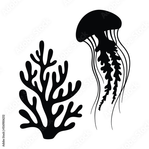 Jellyfish & Coral Combo Silhouette, Vector, Illustration, Outline, Line Art, Icon, Logo, White Background.