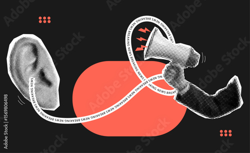 Trendy halftone collage social media news,hand holding megaphone and listening ear, breaking news text on ribbon