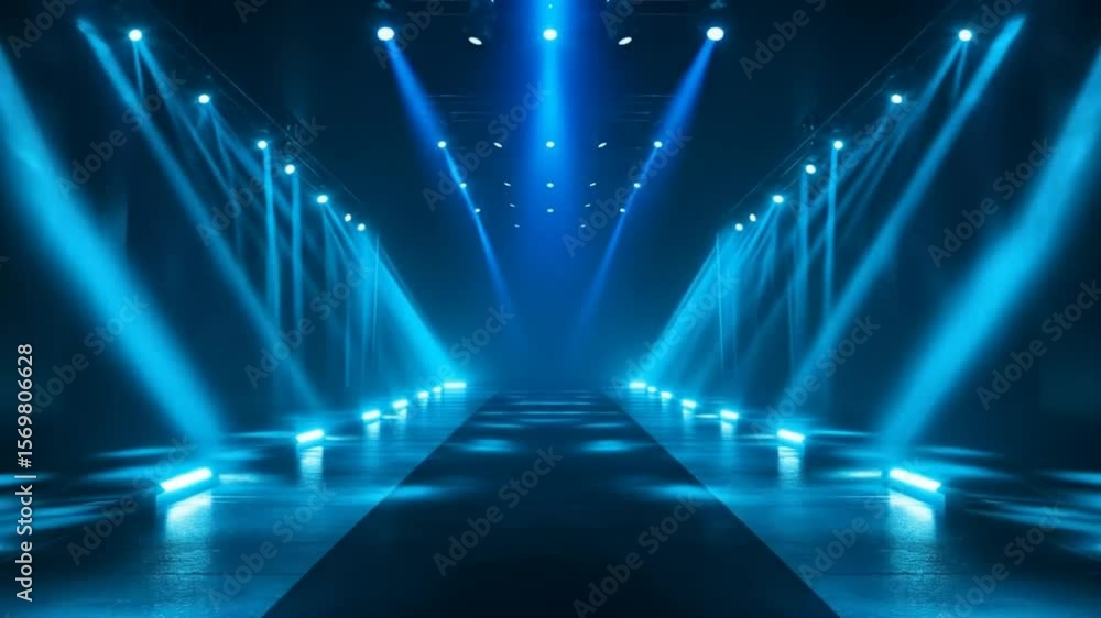 A dark runway with bright blue spotlights and a central path extends into the distance.