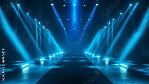 A dark runway with bright blue spotlights and a central path extends into the distance.