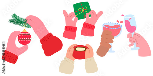set of hands decorating Christmas tree, opening gift, holding coffee and clinking champagne glasses