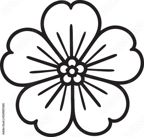 Black and white line art illustration of a stylized flower with five petals and a central stamen cluster