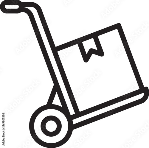 Black line art illustration of a trolley carrying a box delivery transport