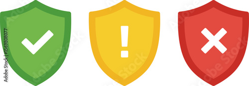 Security shield icons set with checkmark exclamation and cross symbols status vector design concept