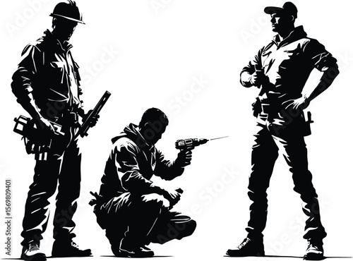 Teamwork in Action Icons  A Vector Set Depicting Workers Holding Tools, Kneeling for Repair, and Overseeing Construction in Silhouette
