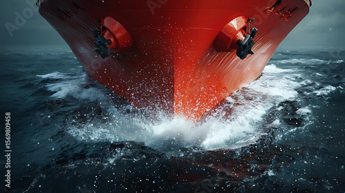 Red Cargo Ship Emerging from Ocean WavesRed Cargo Ship Emerging from Ocean Waves, A dramatic close-up view of a red cargo ship emerging from a splash of ocean waves.