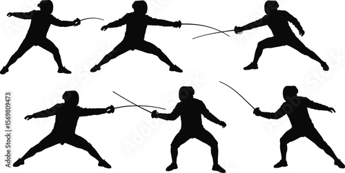 Fencing silhouettes vector art featuring epee foil and saber fencing positions and stances design