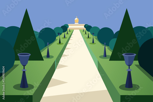 Straight Pathway In A Formal French Garden Aligned Hedges