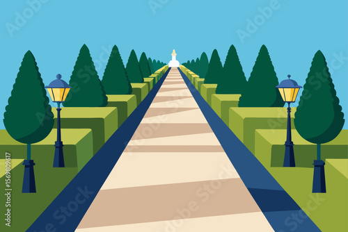 Straight Pathway In A Formal French Garden Aligned Hedges