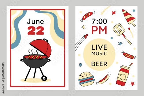 Vintage vector barbecue grill menu design set with food, drink, and summer holiday illustrations