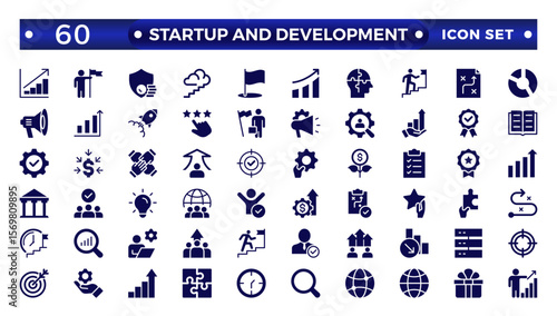 Startup and development solid icons set. Start-up symbols collection. Launch, development, investment, innovation. Solid icons related to project, startup, management, and business. 

