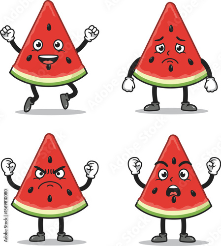 Cartoon watermelon slices showcasing different emotions, including joy, sadness, and anger.