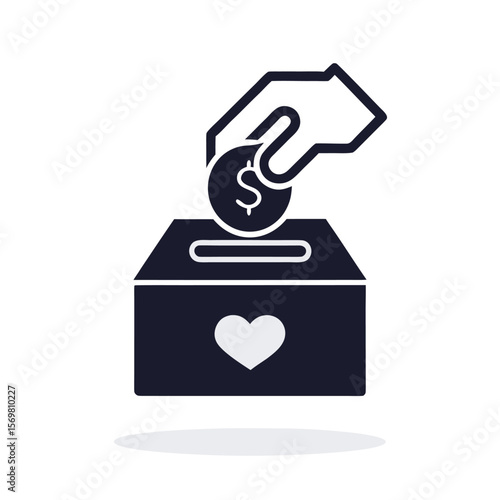 Hand dropping coin into donation box with heart charity giving