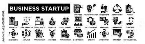 business startup icon set. Editable Stroke Icon Collection.  Business Plan, Idea Generation, Investment, Networking, Market Research, Pitch Presentation, Product Development, Branding, Marketing  