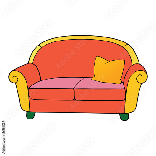 A cozy cartoon couch with soft, plump cushions and a colorful pillow, perfect for relaxing in a playful, comfy living room setting.
