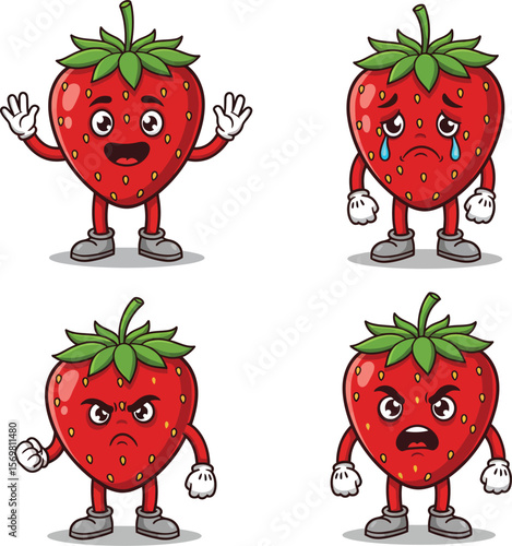 Four cartoon strawberries with different emotions, including happy, sad, angry, and neutral expressions.