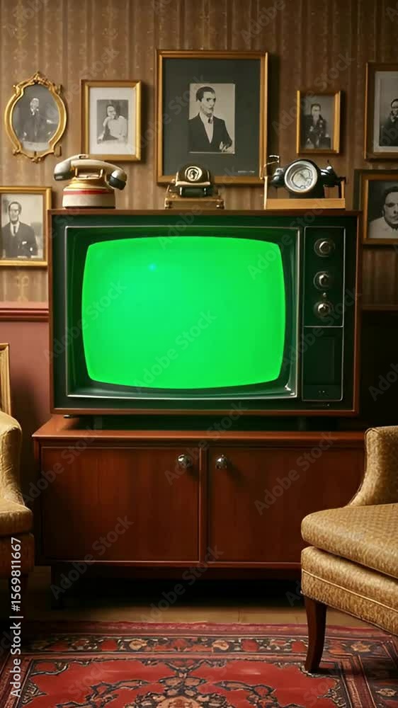 Retro TV with green screen in a warmly lit nostalgic living room