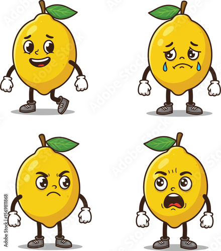 Four cartoon lemon characters displaying different emotions, walking, sad, angry, and surprised.