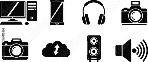 Collection of modern electronic device icons including computer phone headphones cameras speaker and cloud