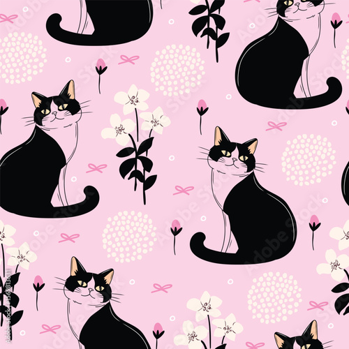 Seamless vector pattern with cute black cats, flowers, and bows on a pastel pink background. Playful and charming design.