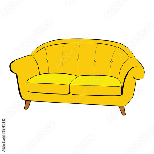 A modern yellow sofa with clean lines, soft cushions, and wooden legs, adding a cheerful, cozy vibe to any living space while brightening up the room effortlessly.
