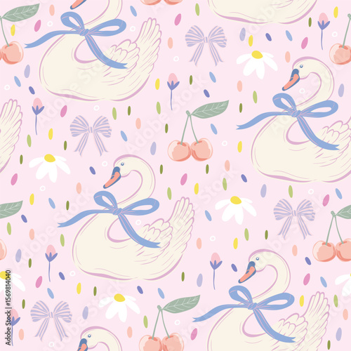 Seamless vector pattern with cute swans wearing bows, cherry, daisy, flowers, and confetti. Soft pastel background, dreamy and elegant.