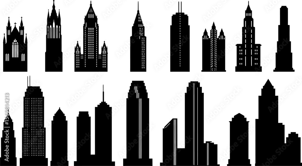 Obraz premium Black building silhouette collection vector illustration for city skyline and architecture design