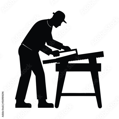 Carpenter with Hand Saw Silhouette Vector on White