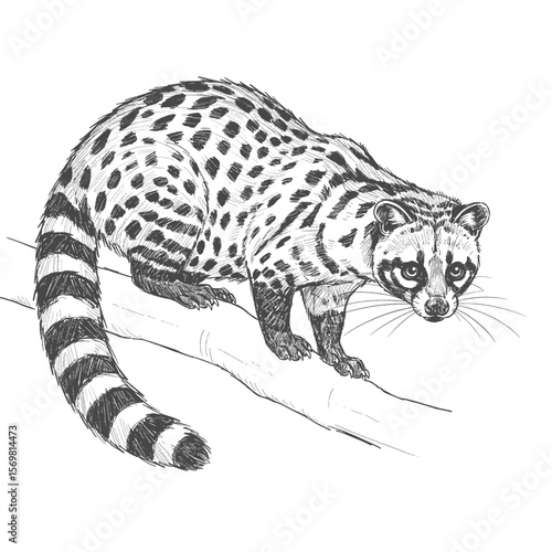Large-spotted Civet – Viverra megaspila. Twelveword sentence describing the image the sketch depicts a banded palm civet perched on a branch.
