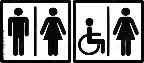 Silhouette restroom icons of male female and accessible toilet signs in square frames Vector illustration