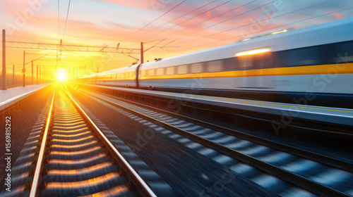 A train is speeding down the tracks with the sun setting in the background