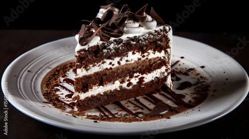 Chocolate Cake Slice with Whipped Cream and Chocolate Shavings on a White Plate, a Decadent Dessert, Perfect for Celebrations and Indulgent Treats.