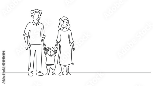 Family Bond. Parents and Daughter Walking Continuous Line Drawing for Connection Theme