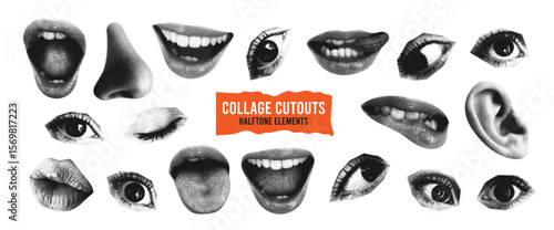 Halftone set of lips, mouth, nose and ear. Monochrome halftone human face elements with different emotions. Collection of element for collage cut out from magazine or newspaper. Vector.