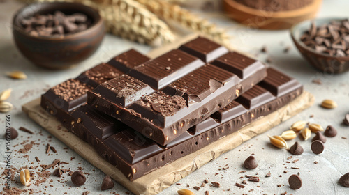 Flat lay of artisanal dark chocolate bars broken into textured pieces, styled with wheat sprigs on warm beige background, natural lighting and balanced gourmet composition with rustic elegance