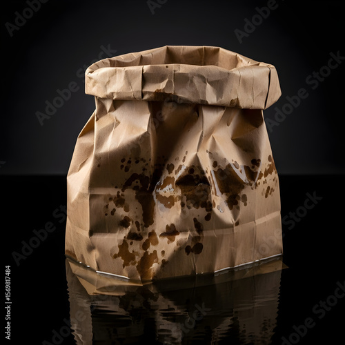 Rustic brown paper bag with grease stains conveys authentic takeout, lunch or grocery shopping experience for ecological lifestyle brands and food packaging concepts