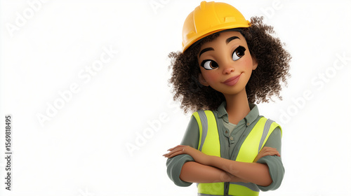 3D cartoon illustration of a confident black female construction worker smiling proudly, wearing safety helmet and uniform, symbolizing strength, skill, and positivity at work.