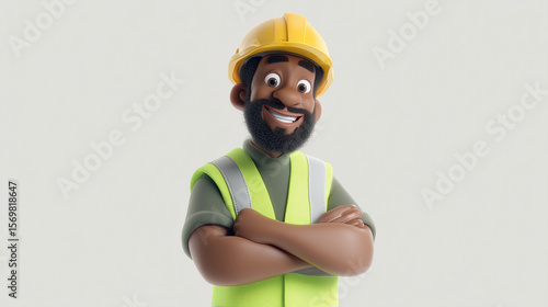 3D cartoon illustration of a confident black male construction worker smiling proudly, wearing safety gear and helmet, showing positivity, strength, and professionalism.