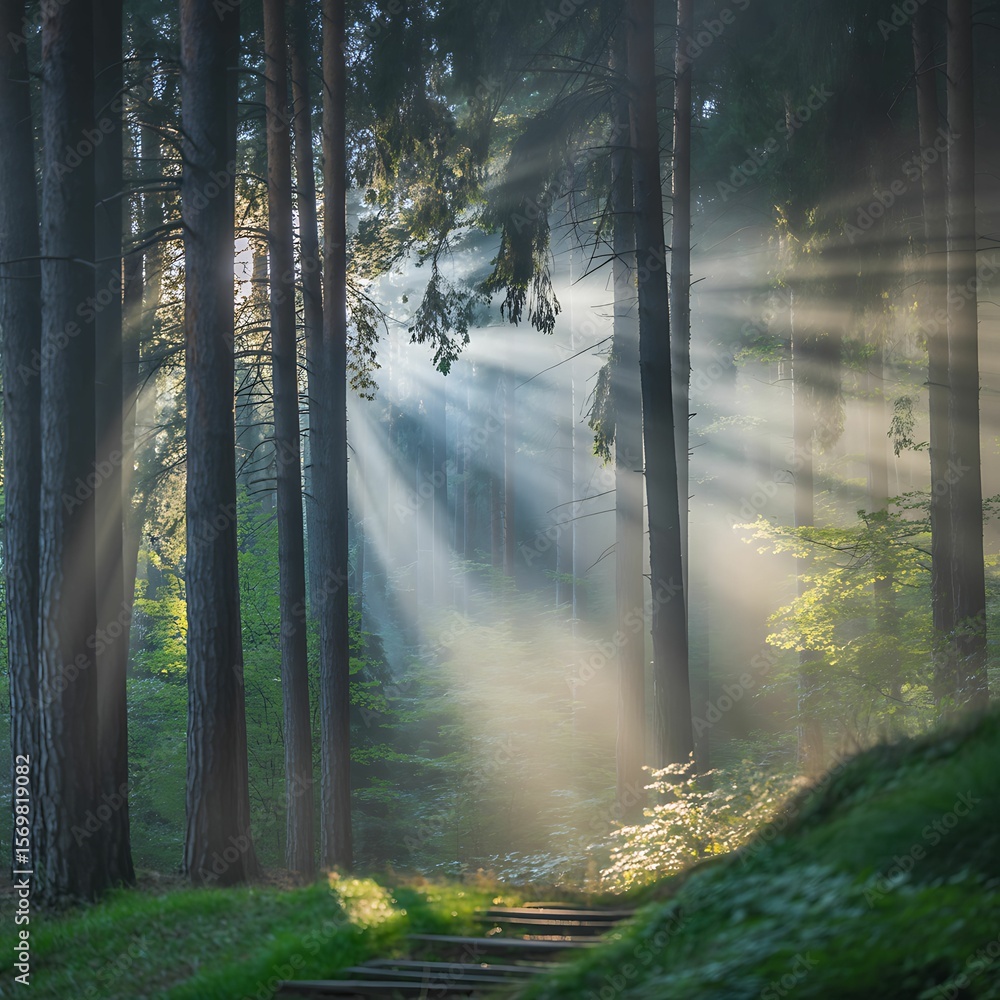 Obraz premium Sunbeams Through Misty Forest Path Magical Sunrise