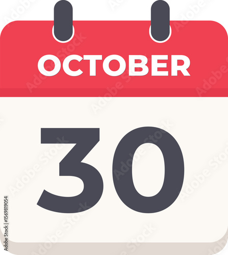 30 October Daily Calendar Icon in flat design style red and white