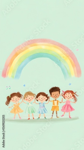 Joyful diverse children holding hands in a circle under a rainbow. A symbol of unity, friendship, and happiness.