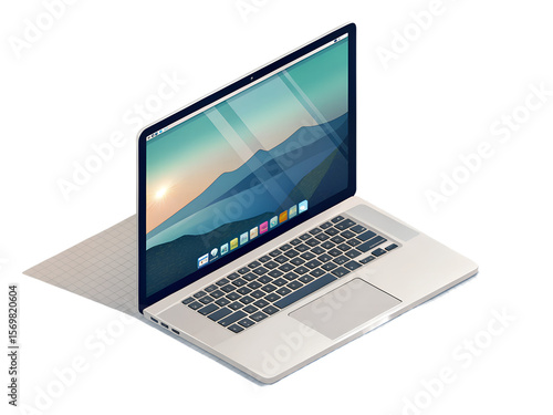 Laptop on isolated transparent background with mountain view wallpaper  