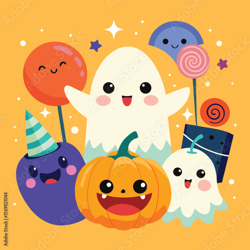 Halloween ghost, pumpkin, candy and other items.