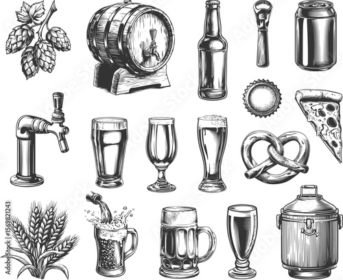 Set illustrations of beer isolated on transparent background. Vector graphics