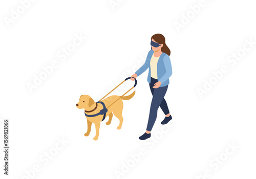 Blind woman with guide dog, vector image, isolated on transparent background
