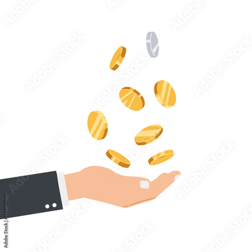 Hand tossing golden coins in a concept of vector image isolated on transparent background  