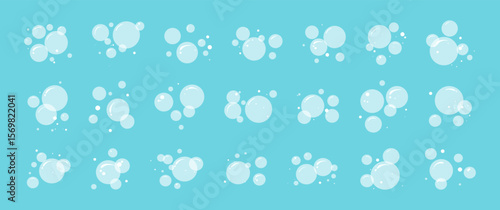 Soap bubble icon, water foam bath. Cartoon sea drop, carbonated air, simple wash pattern. Shampoo suds, soda cloud drink, oxygen effect. Transparent fizz ball on color bg. Abstract vector illustration